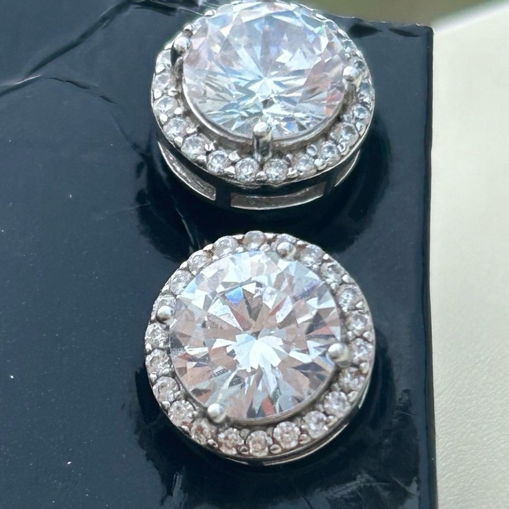 Round Crystal Halo CZ Faux Diamond Silver Earrings Affordable Luxury Earrings - Picture 8 of 11